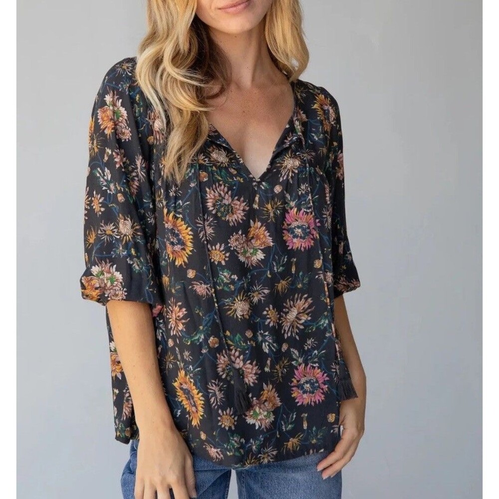 Natural Life Floral Maribel Puff Sleeve Peasant Blouse Top Size XL Boho